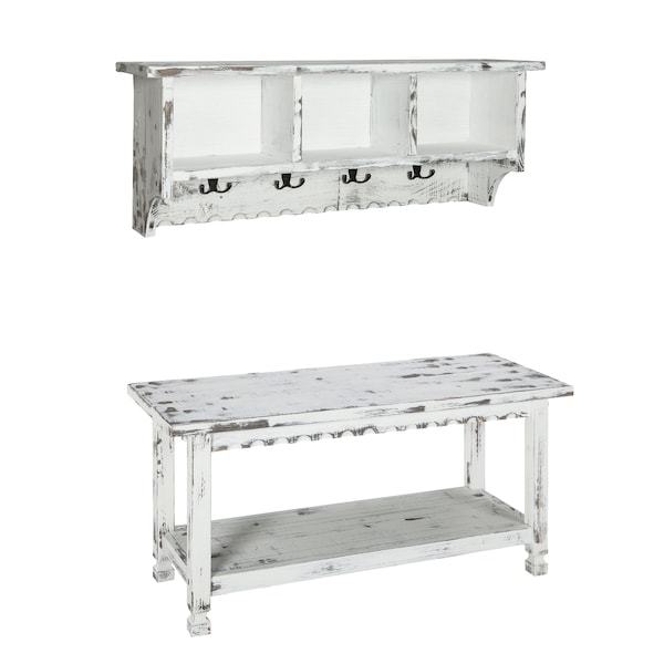 Alaterre Furniture Country Cottage Coat Hooks and Bench Set, White Antique Finish ACCA0304WA - main